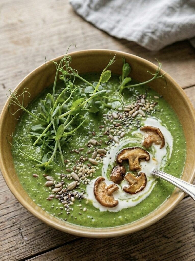 Roheline herne-brokoli püreesupp praetud shiitake seentega